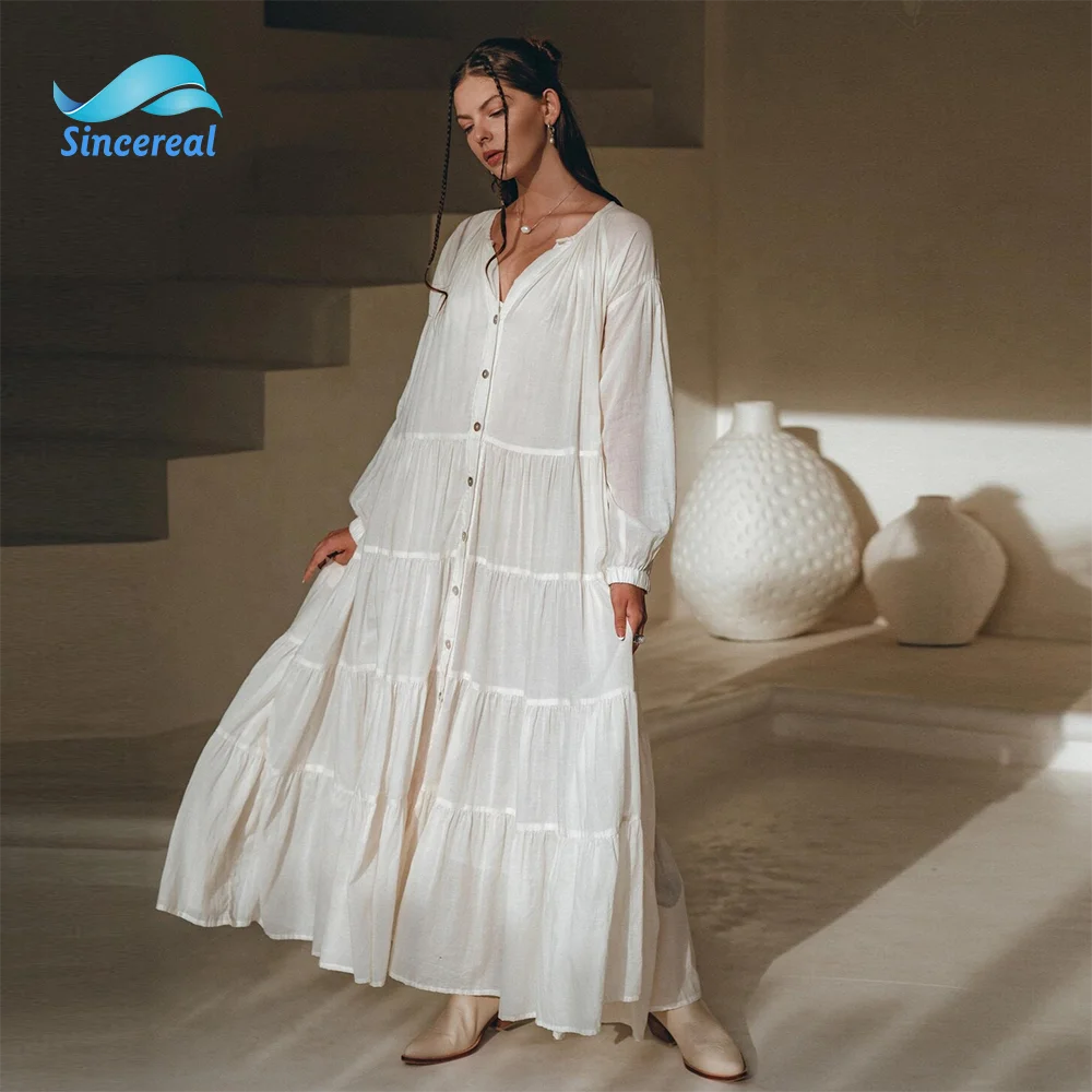 Custom summer bohemian casual dress solid color long-sleeved loose cardigan buttons maxi dress for women