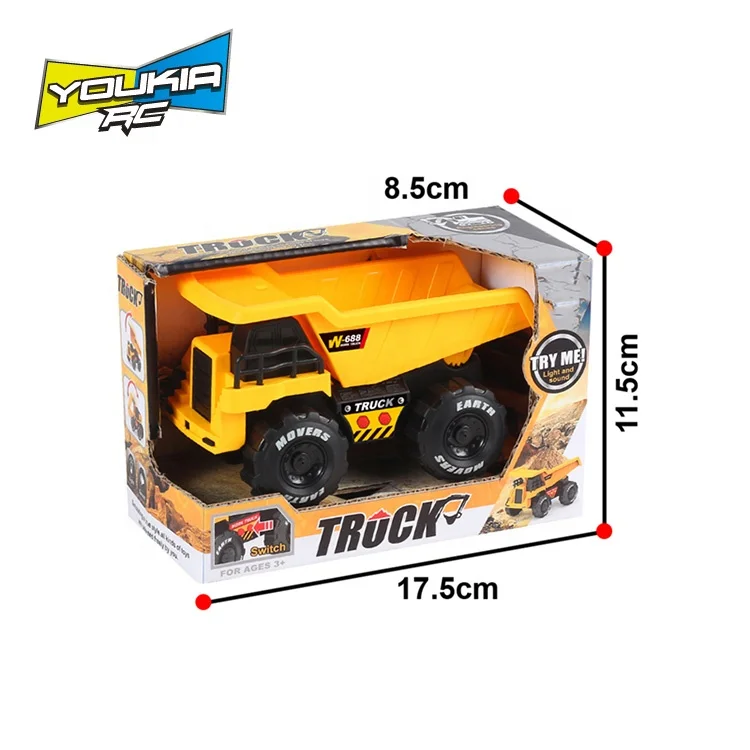 Children play inertial engineering model plastic friction toy dump truck with light and music