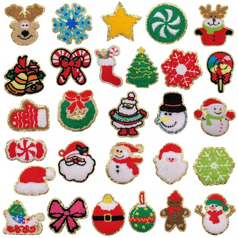 ZSY 3D Chenille Embroidered Christmas Snow Iron-On Patches with Gold Edge DIY Applique Repair Patches for Clothing