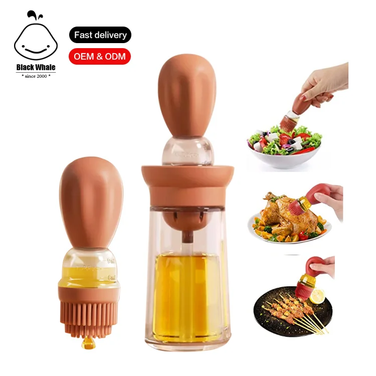 Factory new design cactus shape Glass Olive Oil Bottle With Silicone Brush Dropper Measuring Dispenser for Kitchen  Baking BBQ
