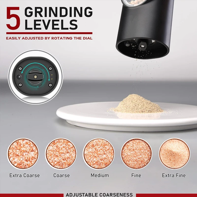 2 Pcs Electric Salt and Pepper Grinder Set Rechargeable Spice Pepper Mill Black Adjustable Automatic Salt and Pepper Grinder