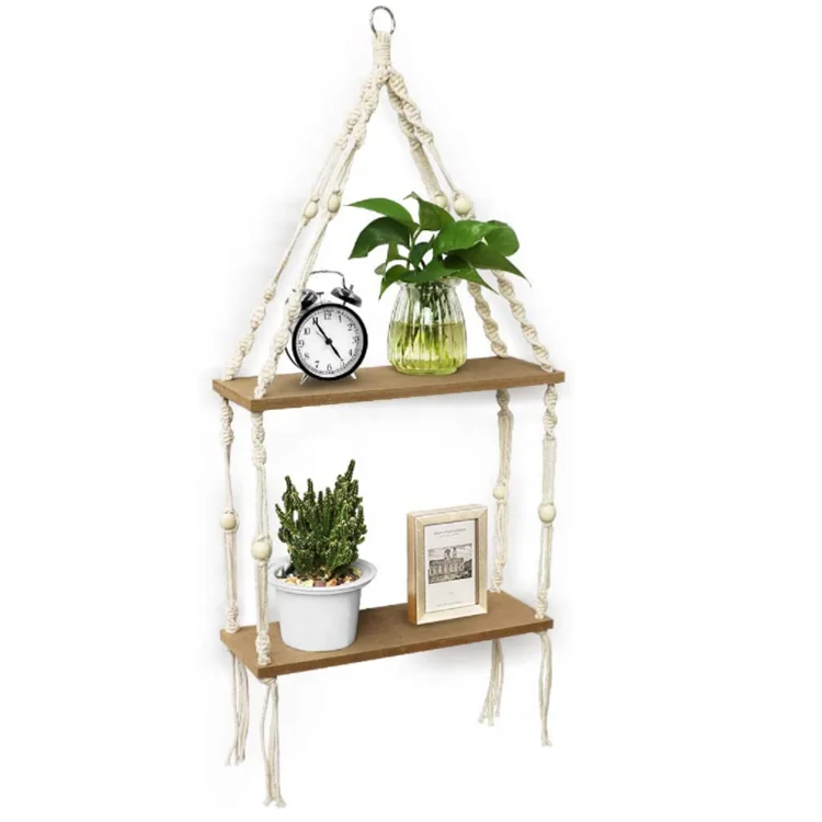 Wholesale 2-layer exquisite simple multi-purpose brown macrame wall hanging shelf