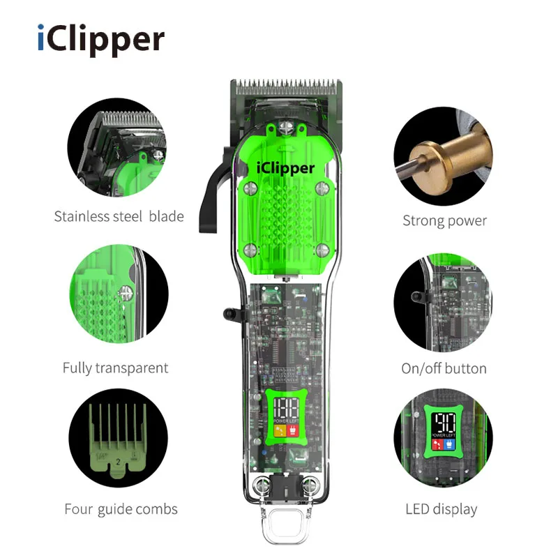 IClipper-Y11S Full Transparent Strong Power Professional Cordless Rechargeable Hair Cutter Kit Hair Trimmer for Barber Shop