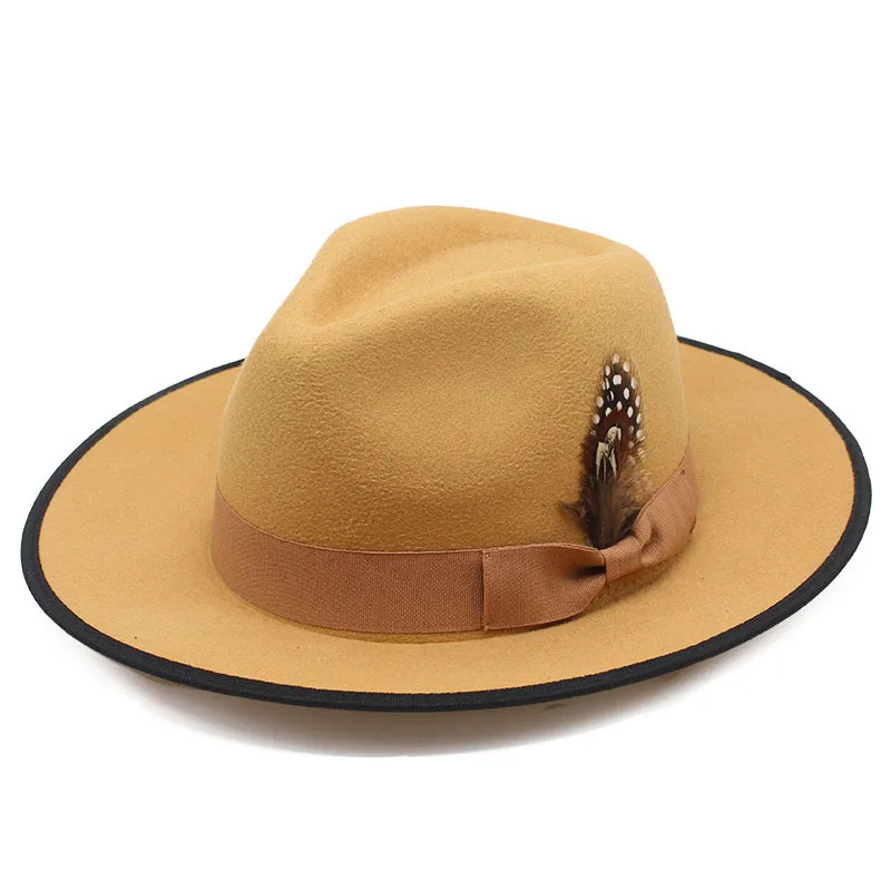 Classic Fedora Hats With  Feather Wide Brim Wool Felt Hat For Travel Vintage Style Fedora