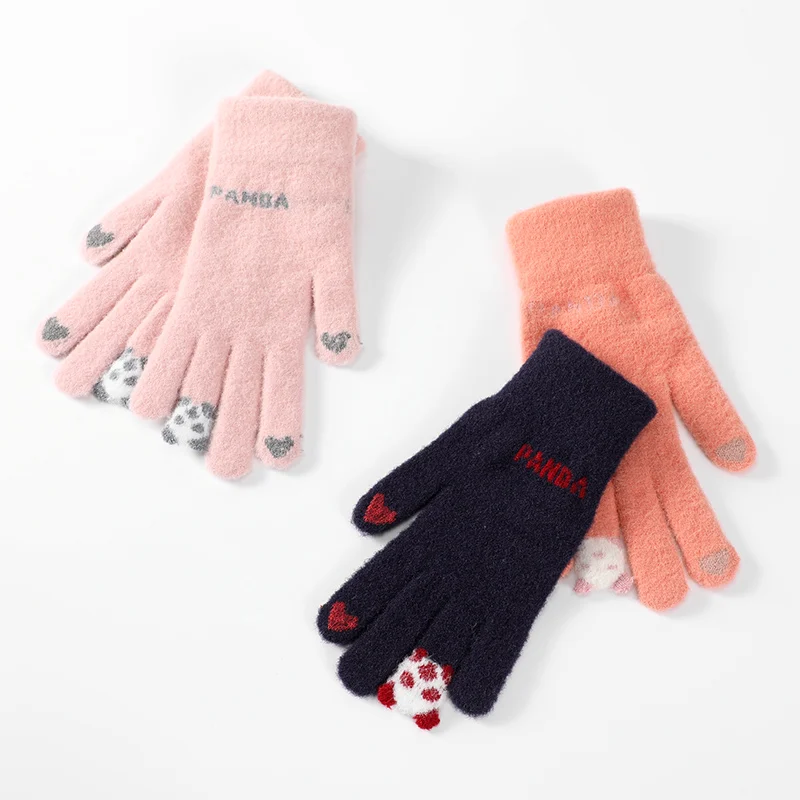 Cute panda plush cycling outdoor ladies riding touchscreen knitted warm women gloves for winter