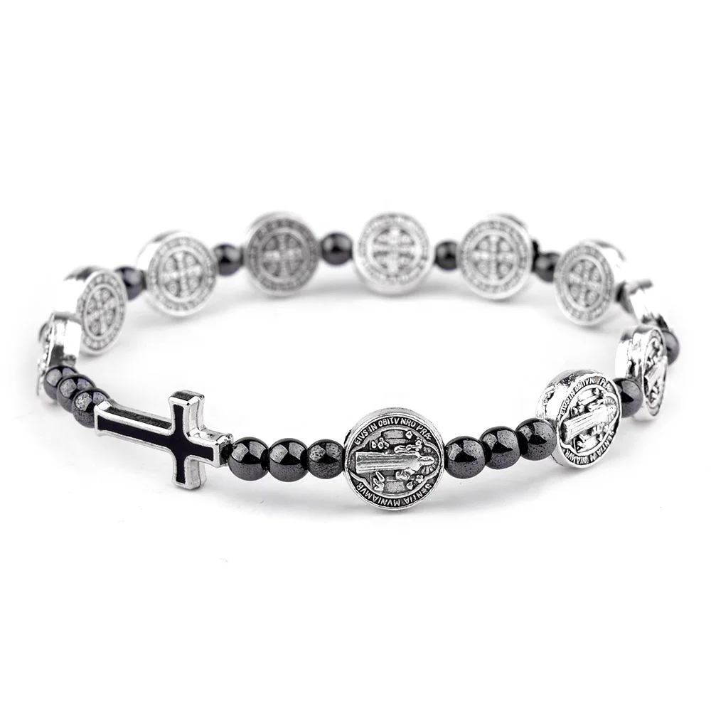 Hematite Crucifix Bracelet Elastic St Benedict Metal Beads Hematite Men Bracelet