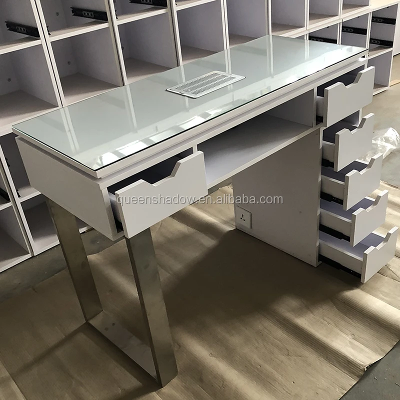 High quality wholesale White single double table manicure table with storage drawer vacuum cleaner for sale