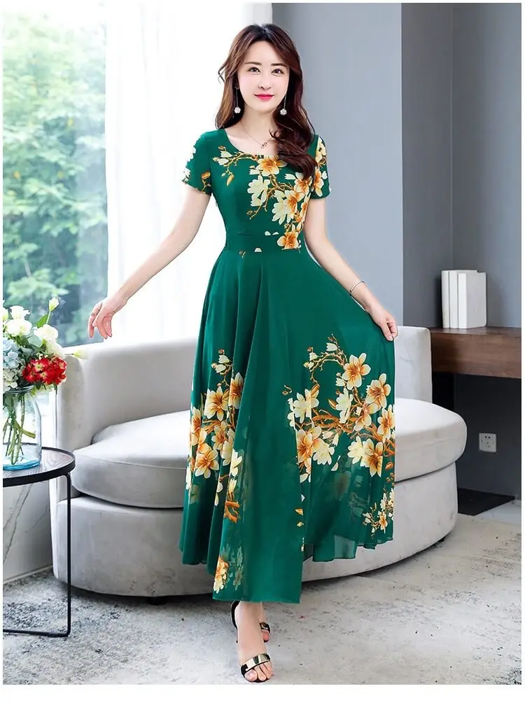 2022 Wholesale In Stock Summer Long Dress Women Floral Print Boho Dress Short Sleeve Ladies Casual Dresses Vestidos
