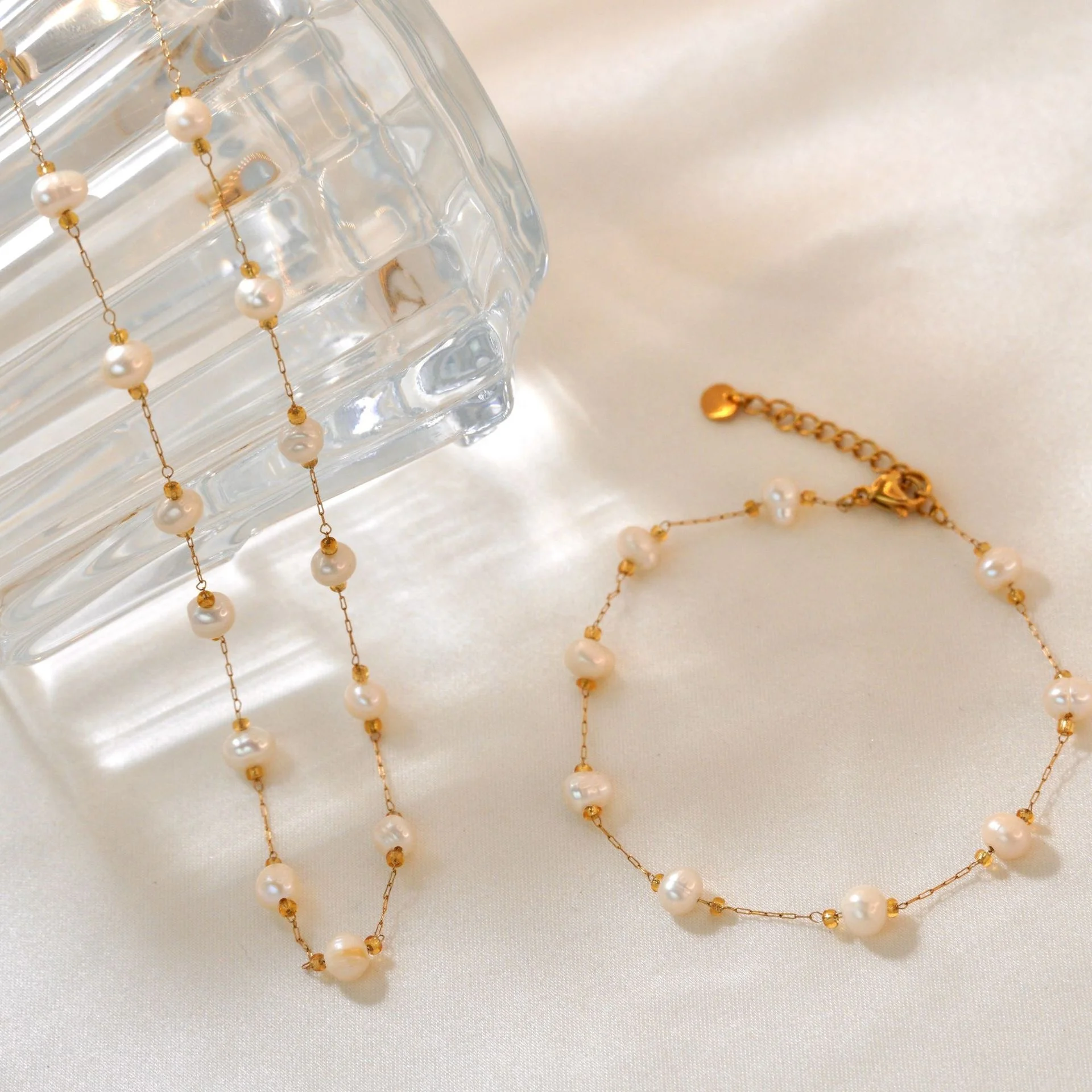 Tarnish Free 18K gold stainless steel chain natural fresh water pearl beads necklace & bracelet pearl jewelry set