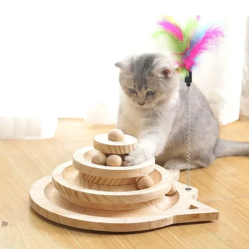 Solid Wooden 2/3 Levels Pet Intelligence Amusement Triple Play Disc Cat Tower Tracks Toys with Free Cat Teaser