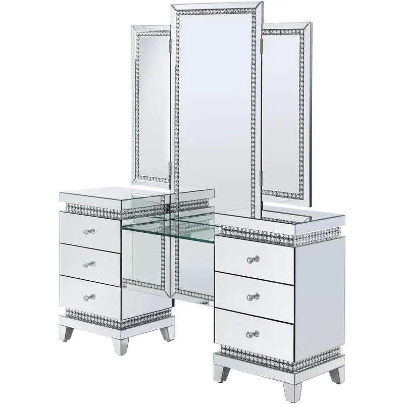 Best seller bedroom furniture mirrored and faux crystal vanity table with LED