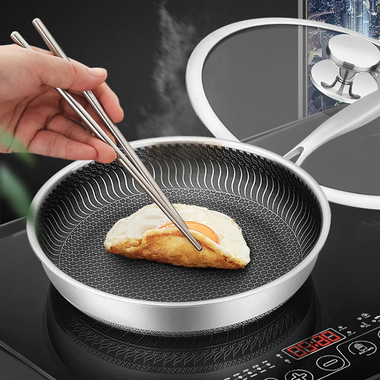 Tianxing Top Selling Food Grade Non-stick Hybrid Frying Pan Honeycomb Skillet 3-ply Stainless Steel Pans With Lid