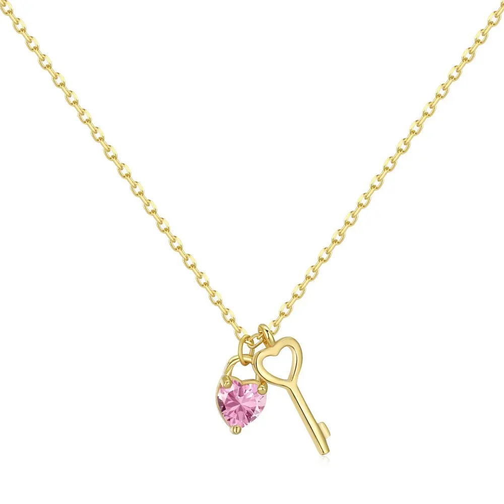 2024 New Jewelry Fashion 925 Sterling Silver Link Chain Pink Zircon Heart Key Pendant Necklace For Women