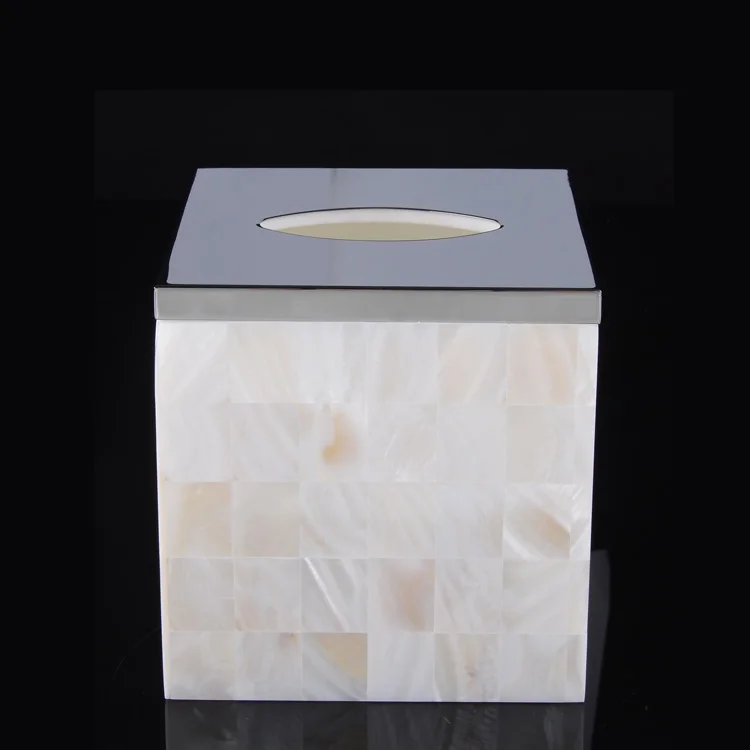 Custom logo luxury high end square  white MOP sea shell tissue box with stainless steel lid for gift spa hotel villa department