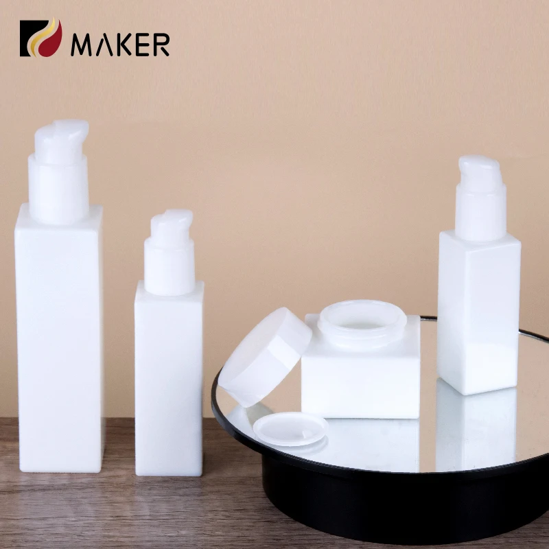 Empty Square White Jade Glass Cosmetic Bottle Set 30ml 50ml 100ml 120ml 50g Cream Jar Emulsion Lotion Bottle With Bamboo Lids