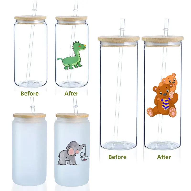 US warehouse12oz 16oz 20oz 25oz blank sublimation frosted clear Beer mugs Shaped Glass soda can coke with bamboo lid and straw
