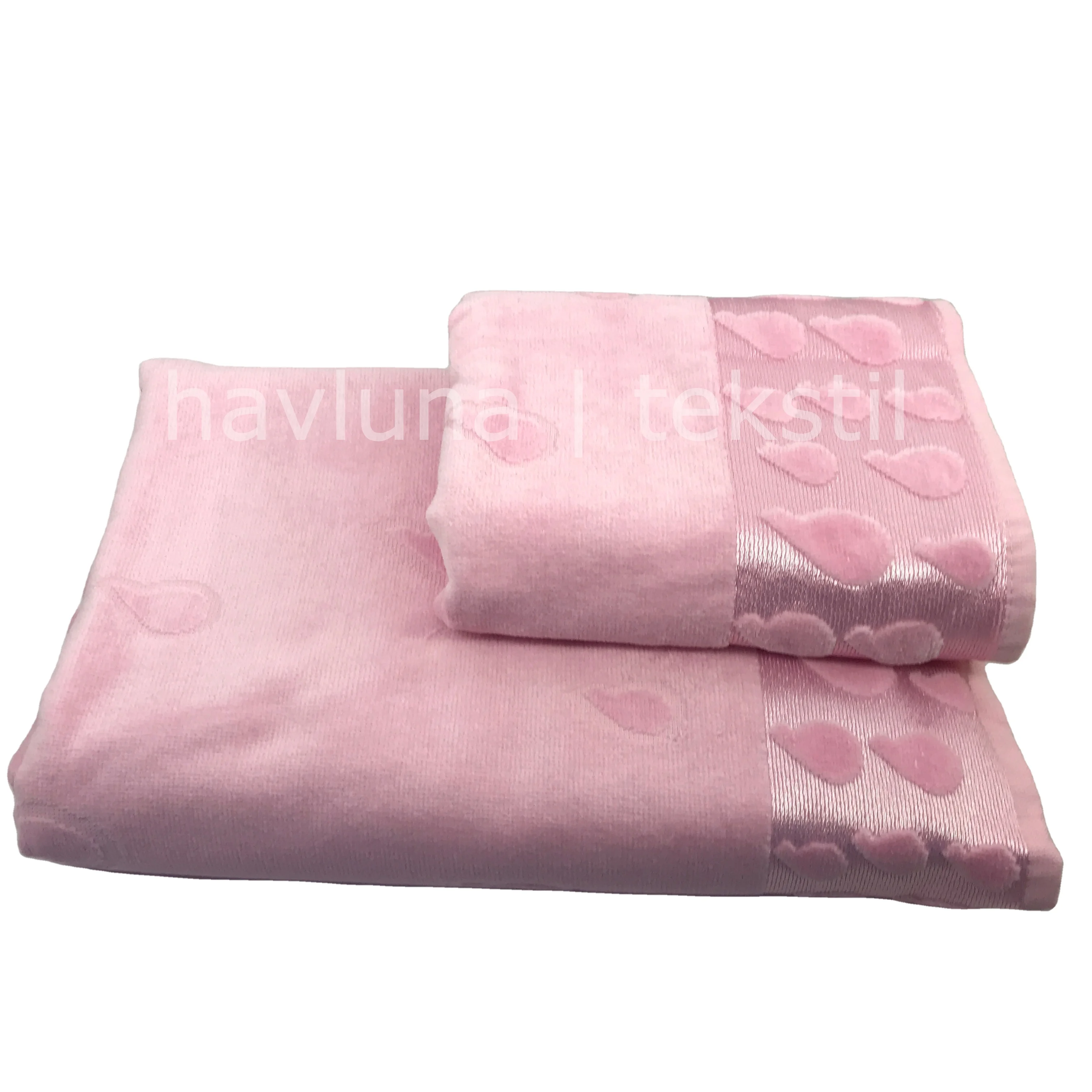 %100 Cotton 2 Pcs Luxury Velvet Bath Towel Set 16/1 Carded 450 g/m2 Customized Jacquard Logo Colors Size