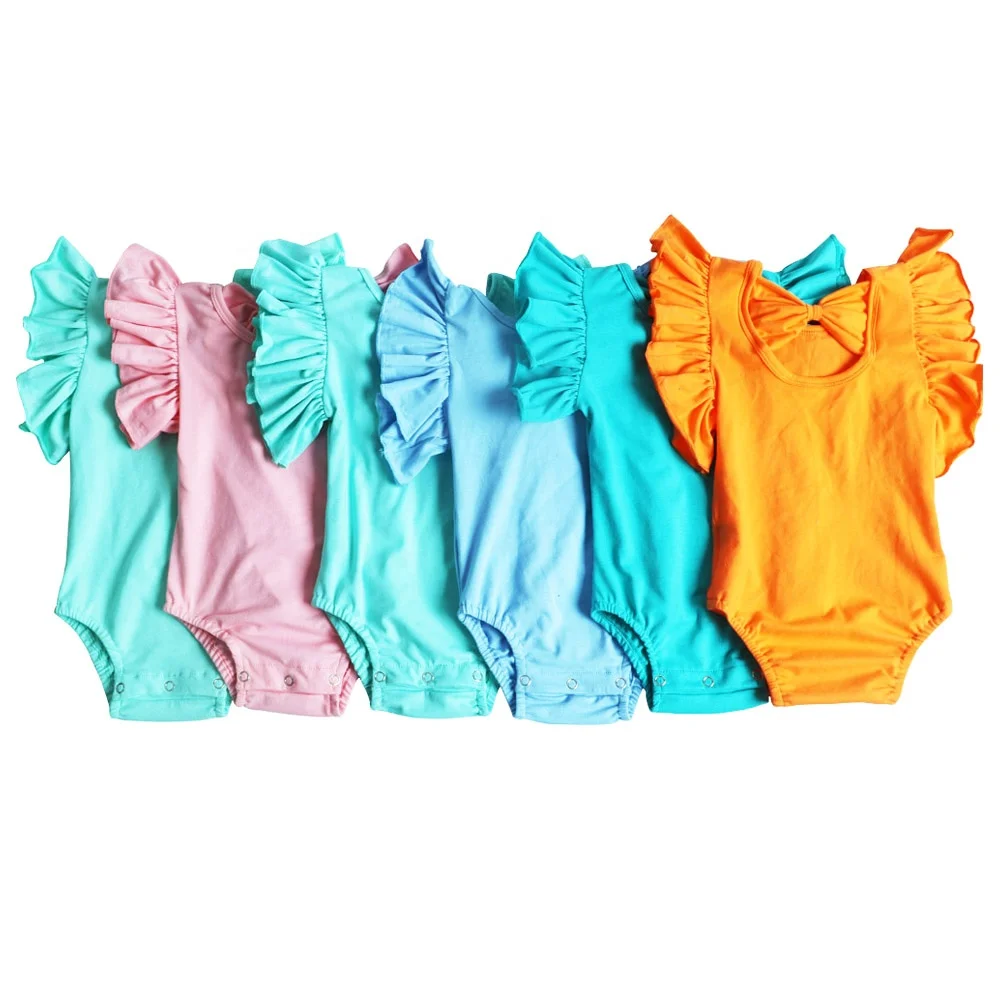 newborn baby romper knit cotton summer clothing Infant Baby ruffle romper back with bow knot baby girl flutter sleeves romper
