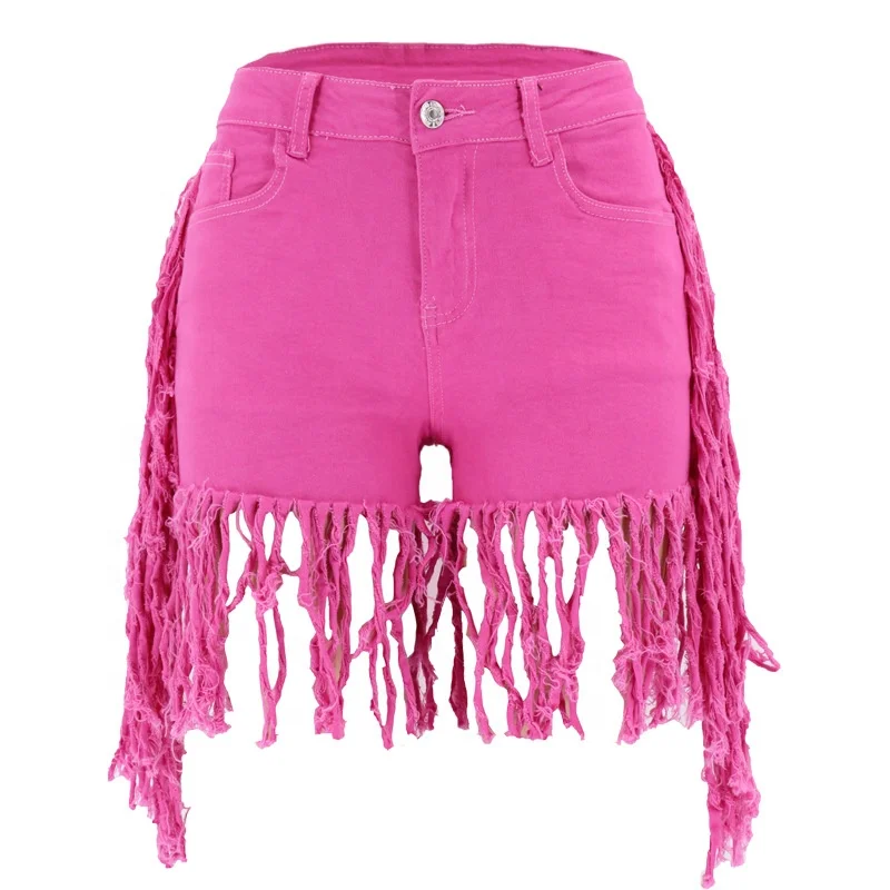 Low Waisted Long Tassels Ladies Denim Shorts Customized Pink Purple Multicolor Denim Shorts Logo Stretch Skinny Denim Shorts