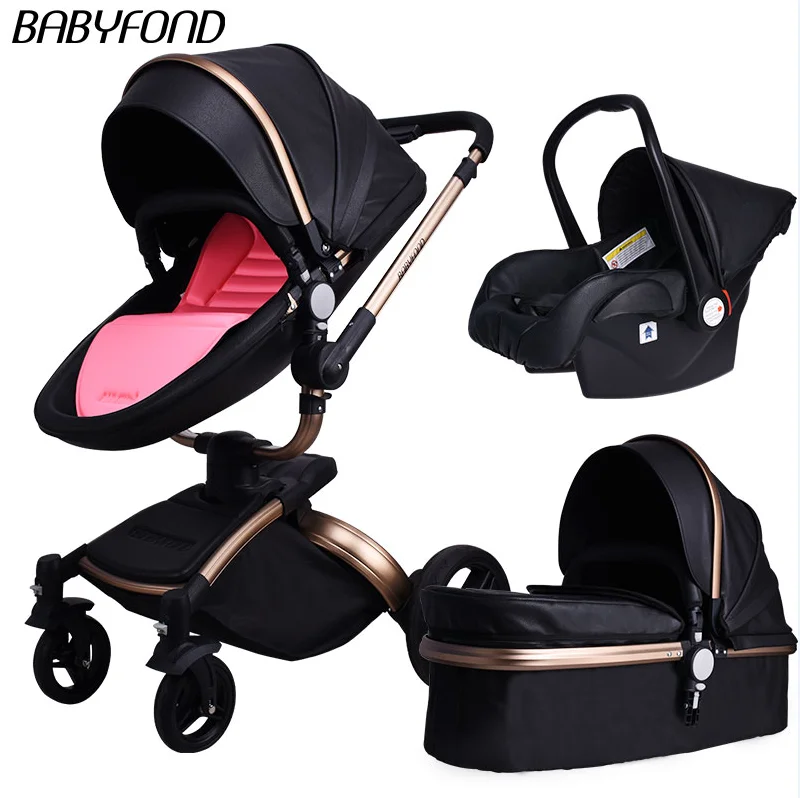 Babyfond Stroller 360 degrees 3 in 1 Baby Carriage Luxury Two-way Leather Shock Absorption Folding Pram Baby Stroller
