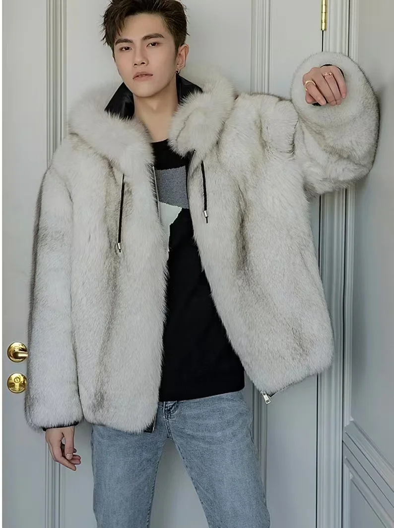 2024  Winter  Men  Warm  Fox  Fur Jacket  with Hood   Fashion  Fox  Fur  Coat for Men