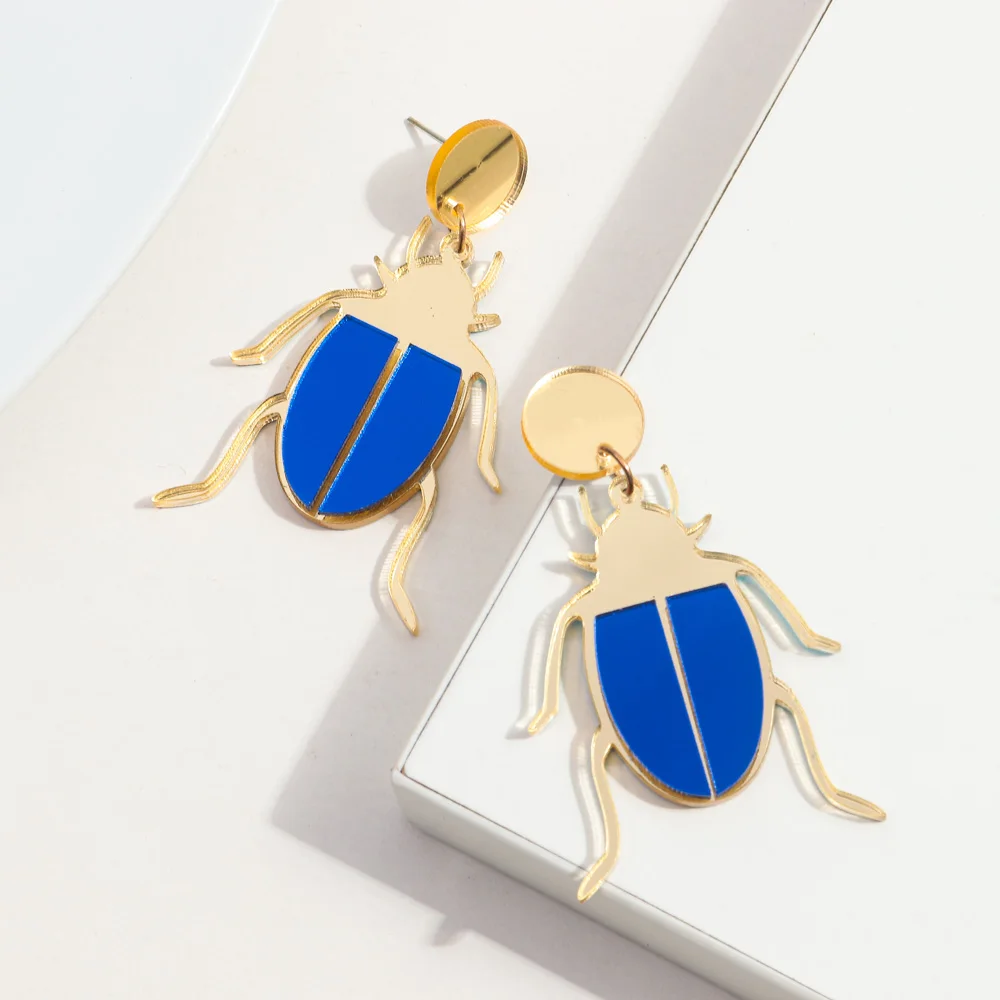 Funky Office Casual Jewelry Funny Insect Animal Cartoon Beetle Ladybug Hip Hop Gold Mirror Prank Acrylic Drop Earrings for Women