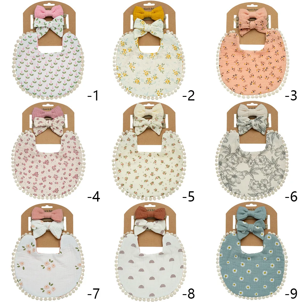 Wholesale Newborn Printed Saliva Towel 2-Layer Gauze Infant Cotton Bib Baby Bow Headband Sets