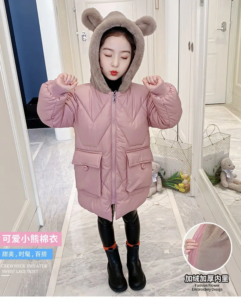 Winter Fashion Solid Color Casual Style Padded Thick Fleeced Animal Coat Warm Outerwear Jacket for Babies Girls