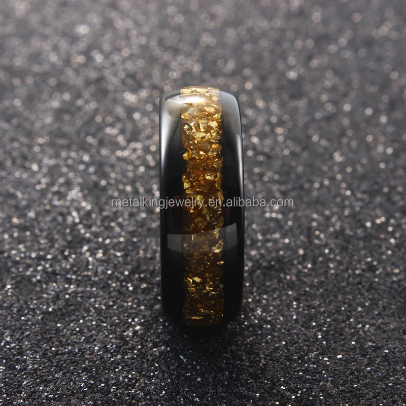 8mm Black Tungsten ring with Gold Germany Glass Stone Inlay, Dome Finished.