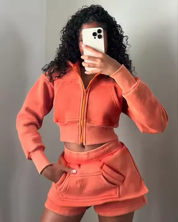 Custom 2 Piece Cotton French Terry Jogger Outfits Mini Skirts And Top Acid Wash Tracksuit Jackets Hoodie And Shorts For Women