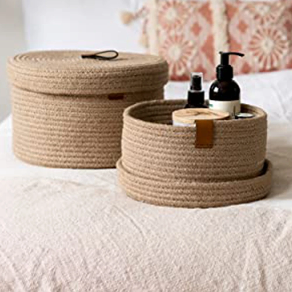 Exquisite Genuine Leather Tabs design cute cotton baskets small size hemp rope braided toiletry storage basket with lid