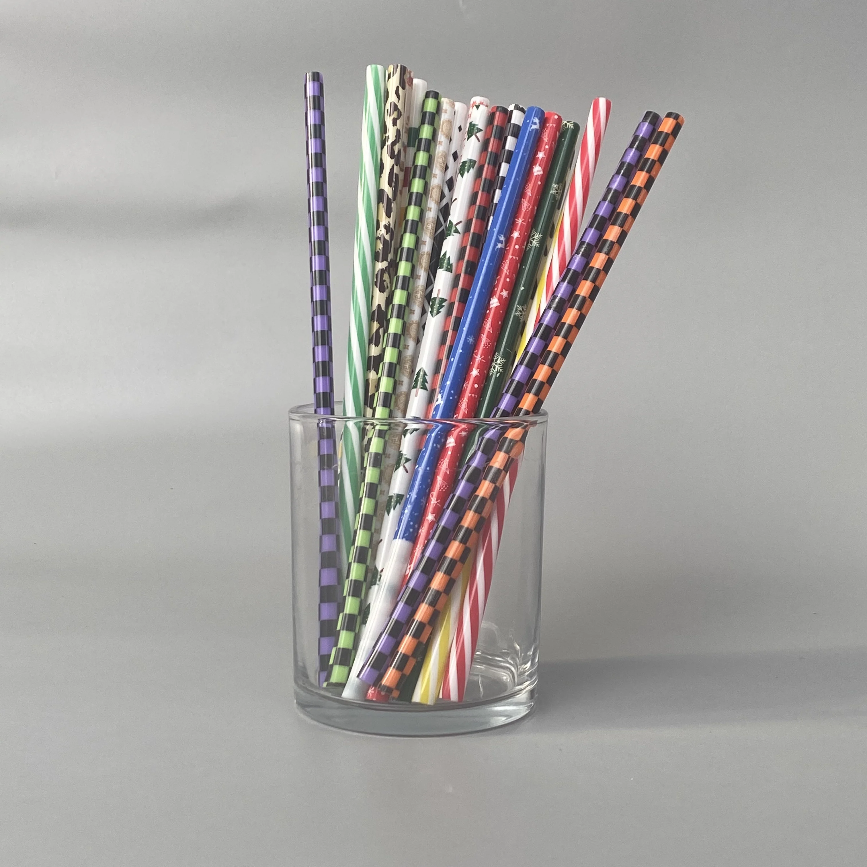 Custom printing reusable straws PP hard plastic printing   white leopard print Christmas tree straws