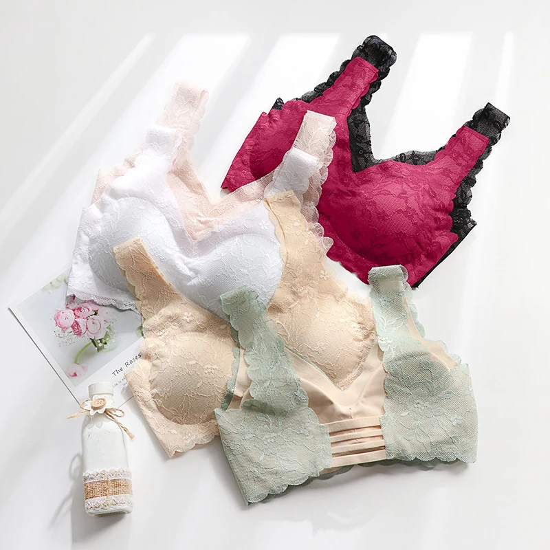 
New style Asia hot selling women V neck wavy gather close-fitting underwear padded bra one piece seamless bra lace bra tube top 