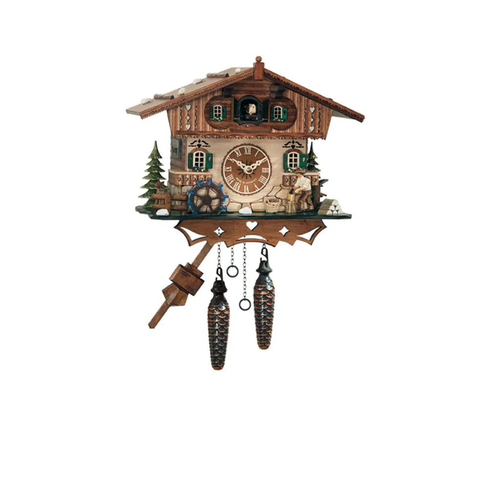 Germany Excellent Quality  Beautiful Black Forest House Cuckoo Clock With Lumberjack And Mill Wheel With Music For Sale