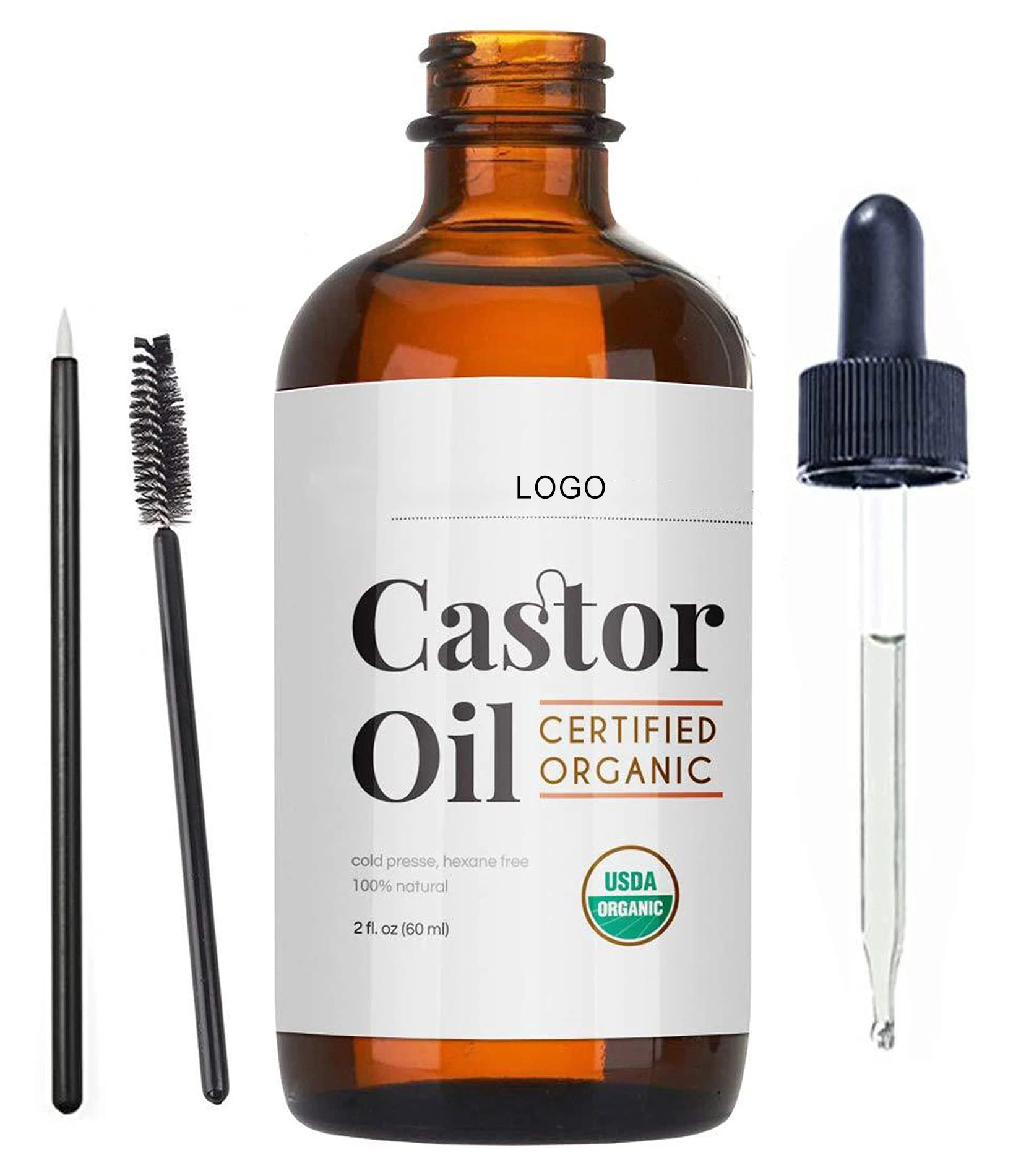 Custom logo 2oz 100% Pure Cold Pressed Organic Castor Oil Stimulate Growth for Eyelashes Eyebrows and Hair