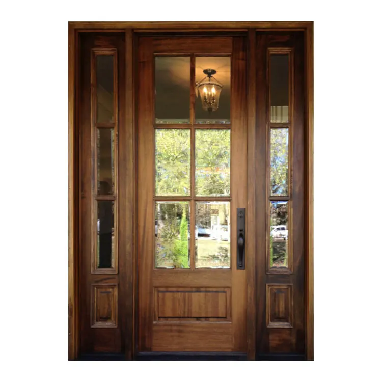 Prettywood Traditional Exterior Single French Style Designs Solid Wooden Home Front Door With Sidelites