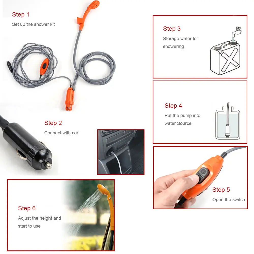 Portable Camping Shower 12v Car Cigarette Lighter Handheld Outdoor Camp Shower Pump For Travel Camp Hiking Pet Shower Car Wash