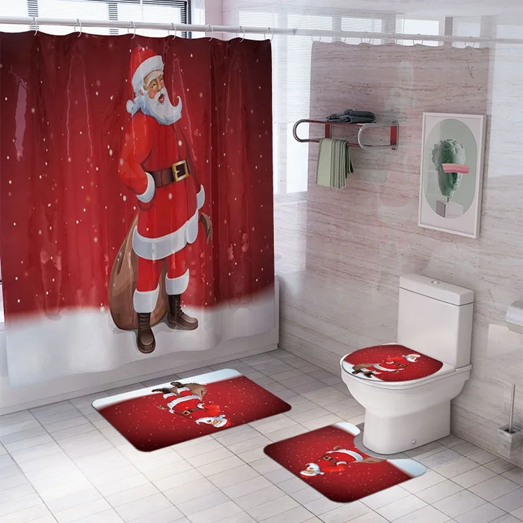 
4pcs Set Popular Waterproof Christmas Series Printing Shower Curtain With Non-slip Rugs Toilet Cover Mat And Bath Mat With Hooks 