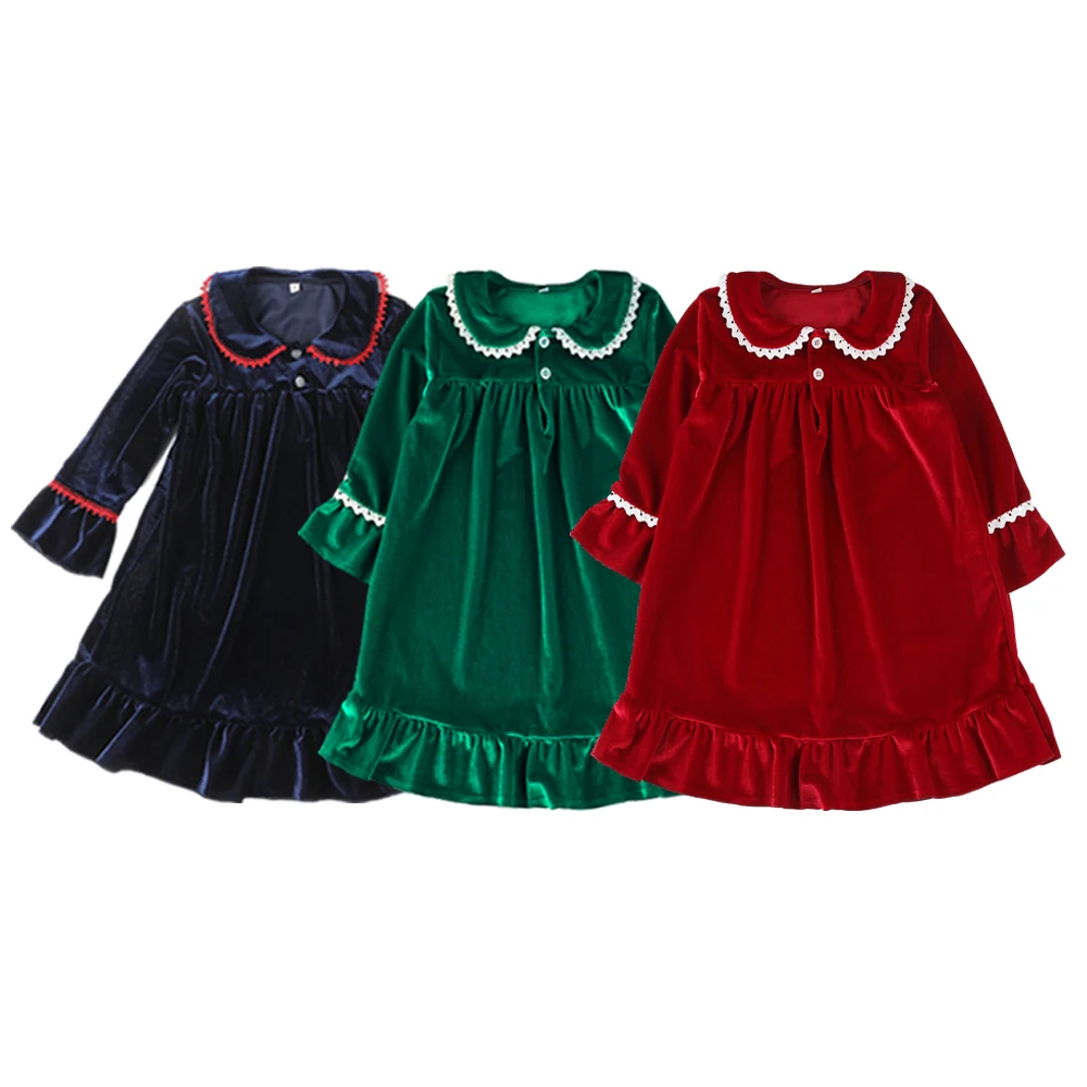 Ready to ship no MOQ red velvet Christmas baby nightgown dressing gown lace collared children girl sleeping dress