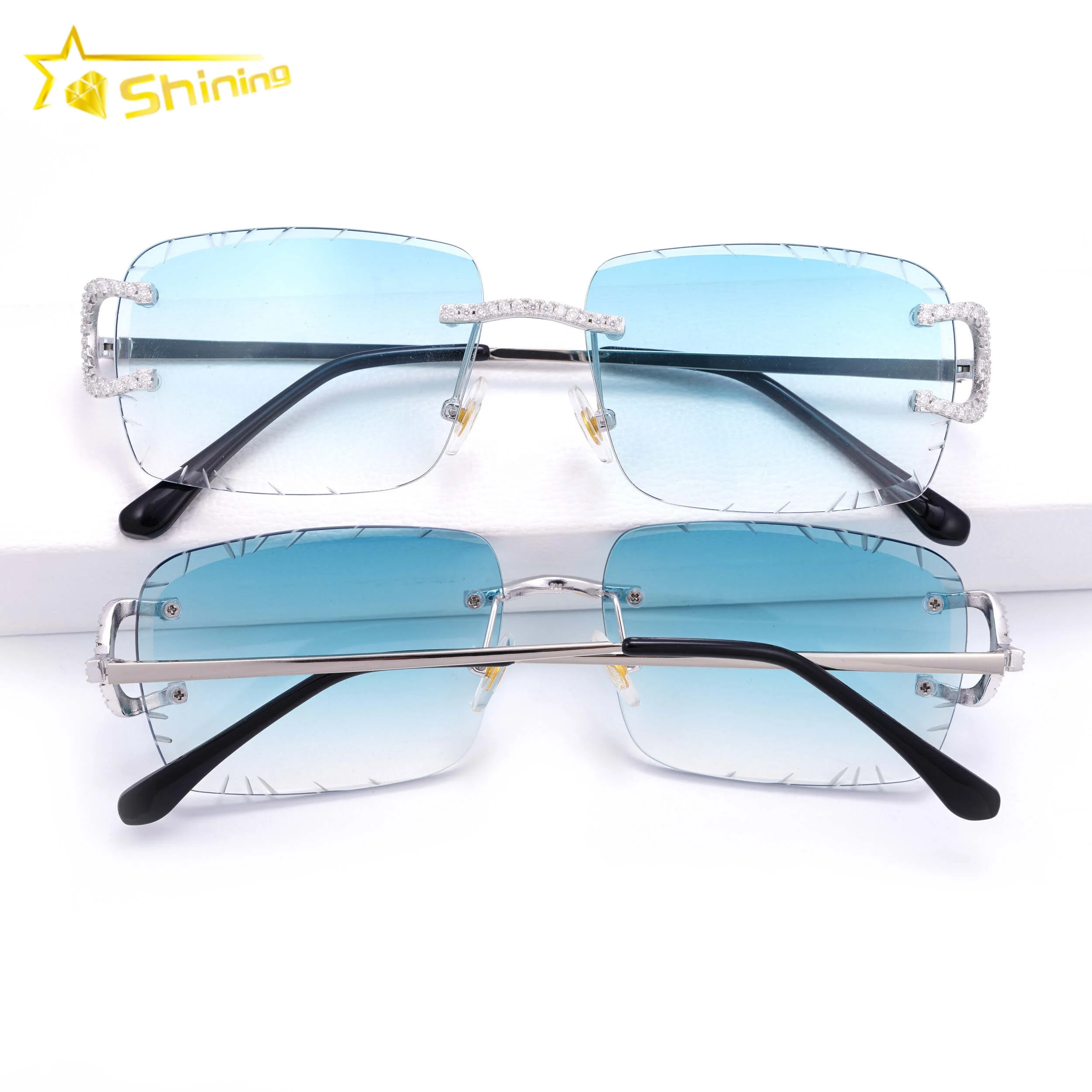 Fashion Custom Glasses Light Blue Lens Frameless Silver Hip Hop Moissanite Diamond Sunglasses