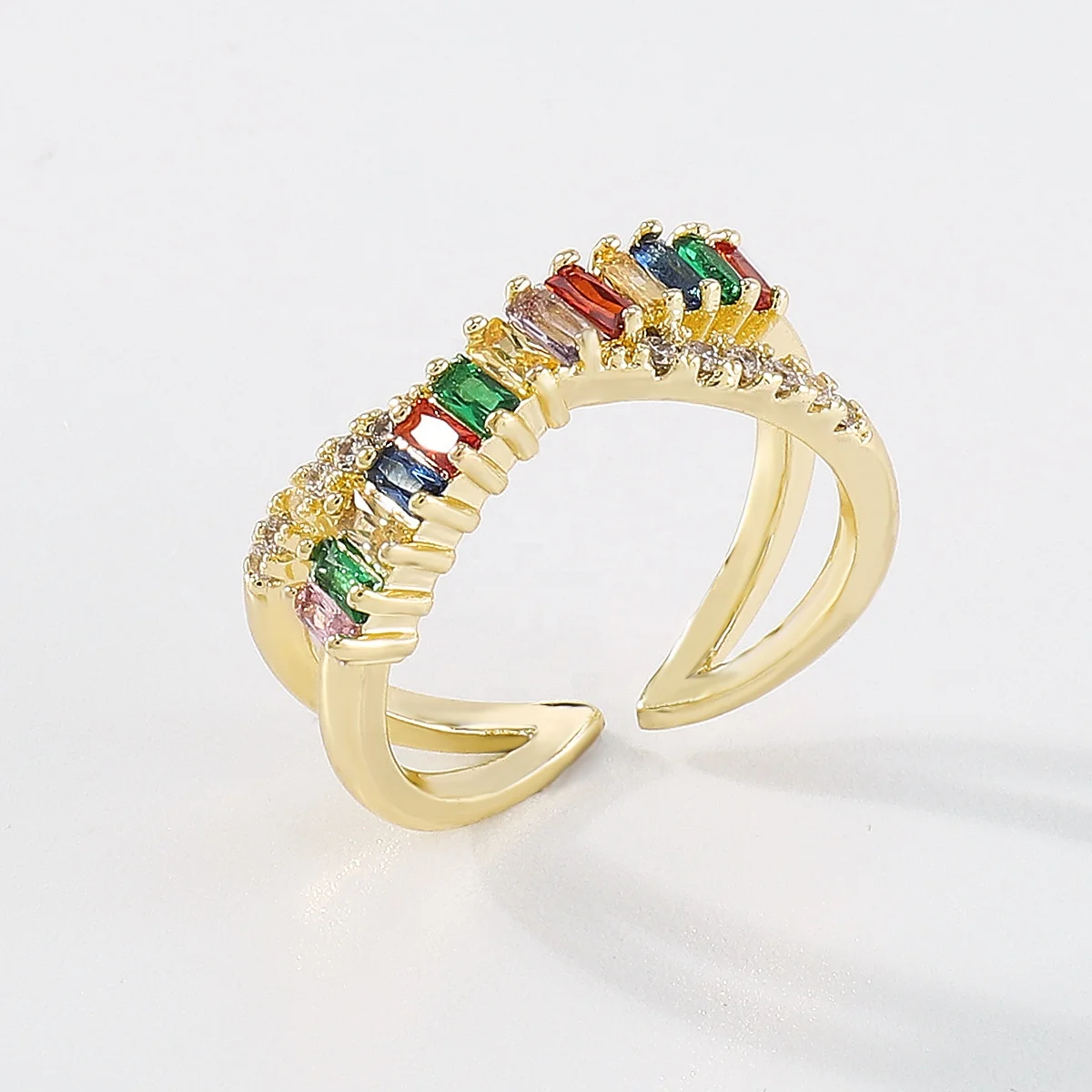 New Arriving Crystal Diamond Jewelry Colorful Rhinestone Cross Ring Gold Plated Resizable Women Fashion Jewelry