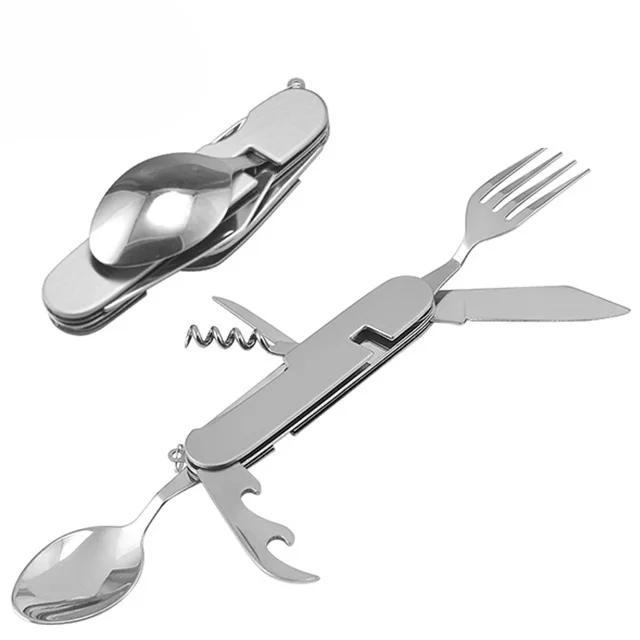 6-in-1 Outdoor Portable Cutlery Set Stainless Steel Foldable Knife Fork Spoon for Camping Picnic Fixed Flatware Sets
