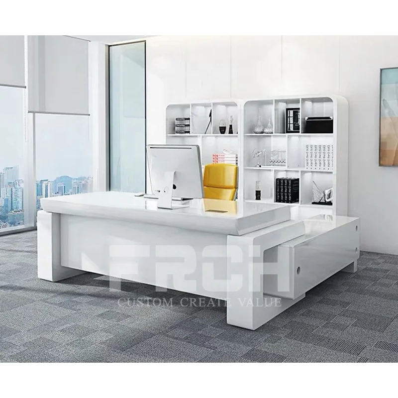 Customized White High Gloss L Shaped Office Desk Modern Luxury Manager Boss Ceo Office Table