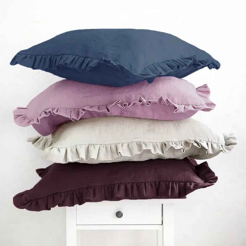 Solid Color Nature Linen Throw Pillow Cover Ruffled, Ruffled Linen Euro Sham Cushion Covers/