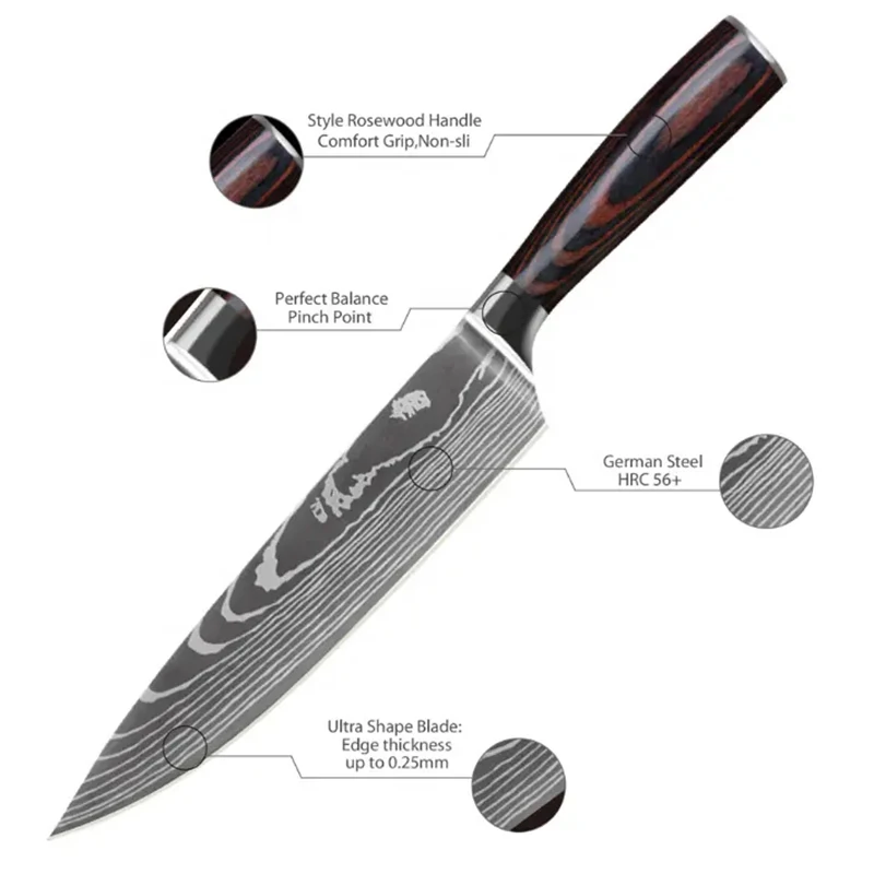 Wholesale price 9pcs sharp wooden stainless steel santoku chef modern knives kitchen knife set