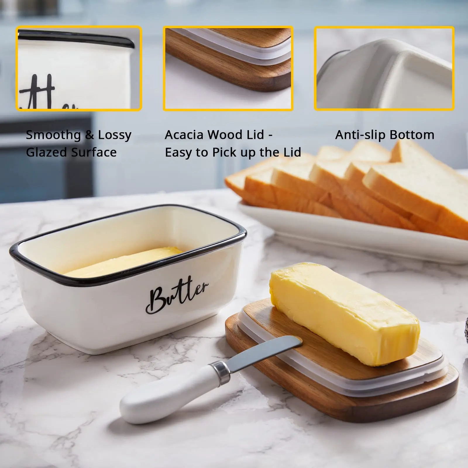 Luxury Ceramic Butter Dish with Lid and Knife Ceramic Customize Butter Container with Thick Acacia Wood Lid