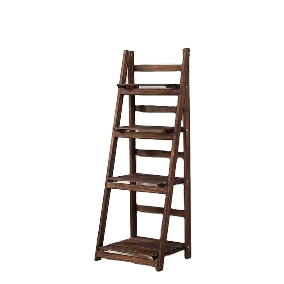 Bamboo Wood Ladder Plant Stand Foldable Organizer Flower Display Shelf for Home Patio Lawn Garden
