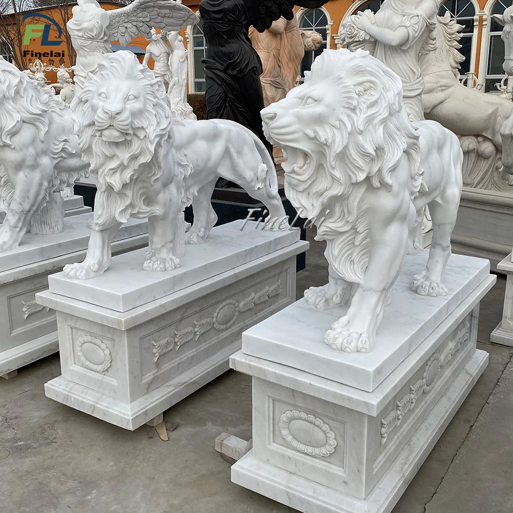Outdoor Decoration Hand Carved Modern Garden Life Size White Large Marble Sitting Lion Statues For Sale