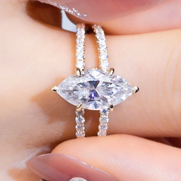 Elegant 18K Gold Marquise Cut with Two Ring Band Arms Def Moissanite Engagement Ring in Silver Gold