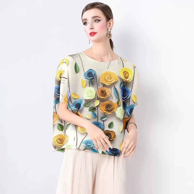 Miyake Pleated Flower Summer Korea Shirt Women Cool Plus Loose Size Chiffon Top Female Florar 3D Printed Tshirt Clothing